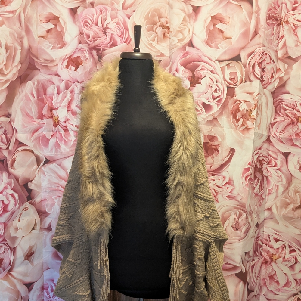 Faux Fur Trimmed Shawl in Beige and Tan